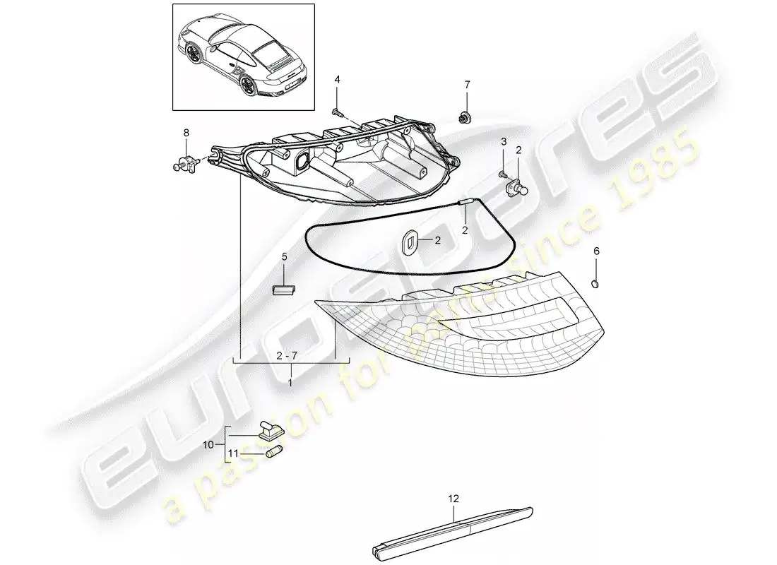 porsche 2012 (997-2 turbo / gt2 rs) luz trasera diagrama de piezas