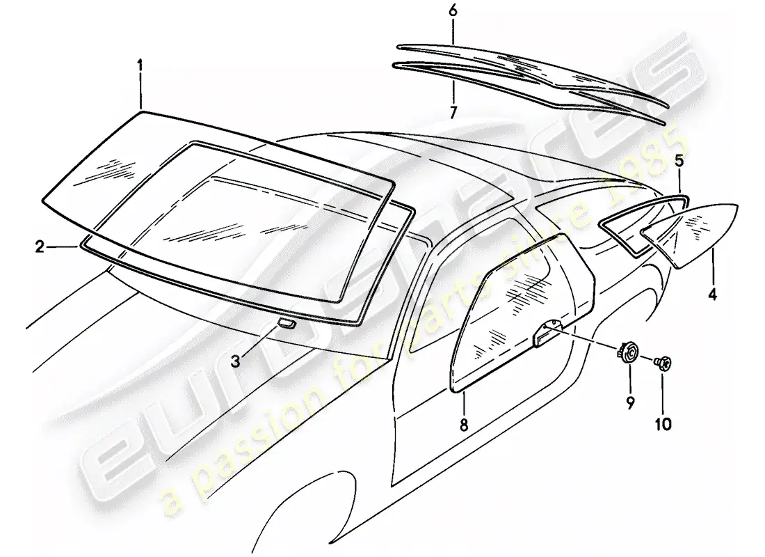 porsche 1980 (928) vidrios de ventanas diagrama de piezas