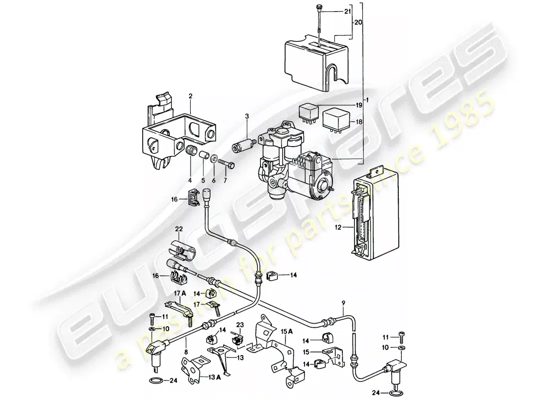 porsche 1985 (928) sistema de freno antibloqueo -abs- - grupo hidráulico - sensor de velocidad - módulo de control electrónico diagrama de piezas