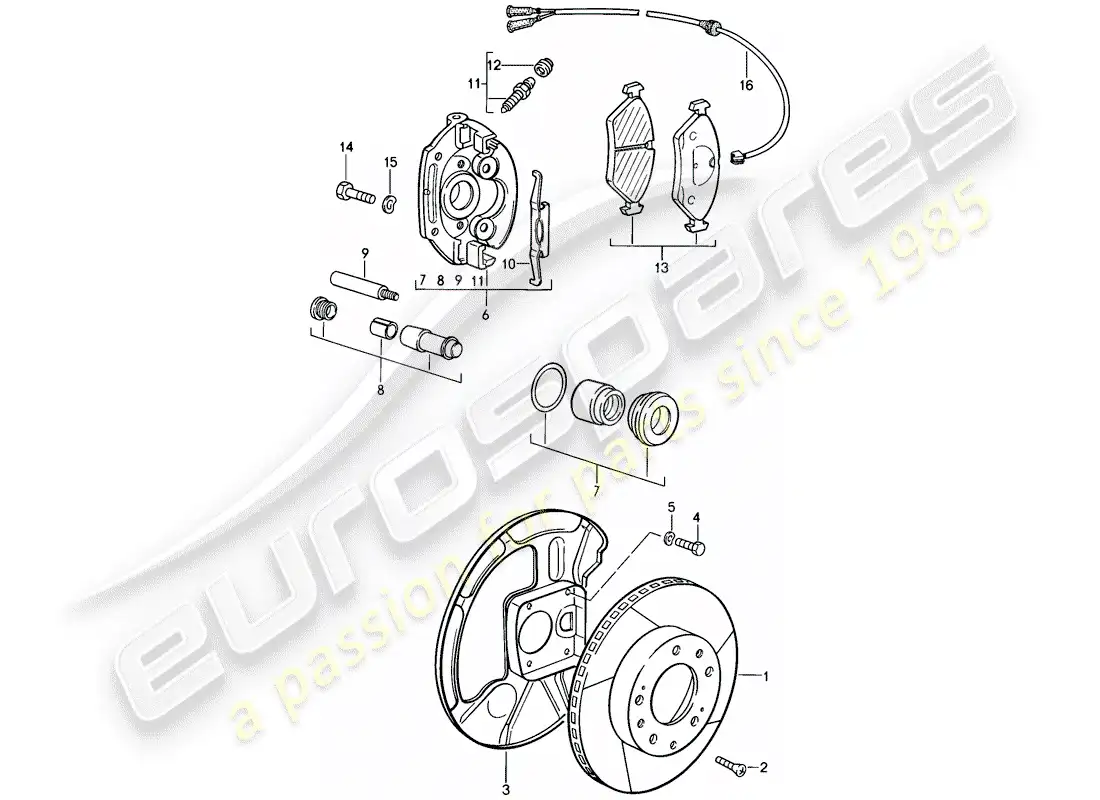 porsche 1985 (928) frenos de disco - eje delantero - pinza flotante - utilizar también: - sujetadores - para - forros de freno diagrama de piezas