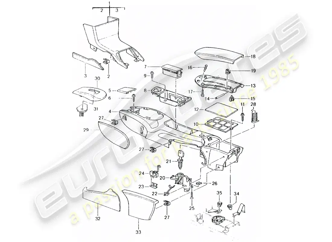 porsche 1999 (986 boxster) center console diagrama de piezas