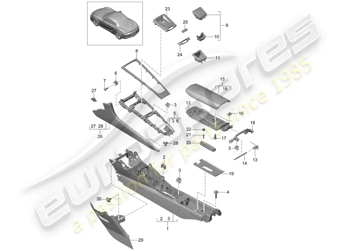 porsche 2016 (981 boxster) center console diagrama de piezas