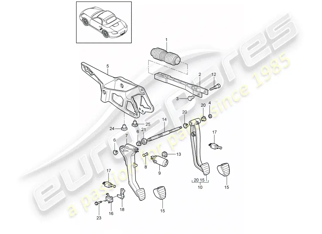 porsche 2009 (987 boxster) pedales diagrama de piezas