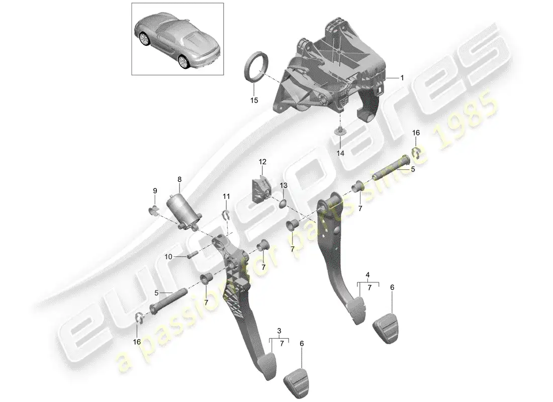 porsche 2016 (981 boxster spyder) pedales diagrama de piezas