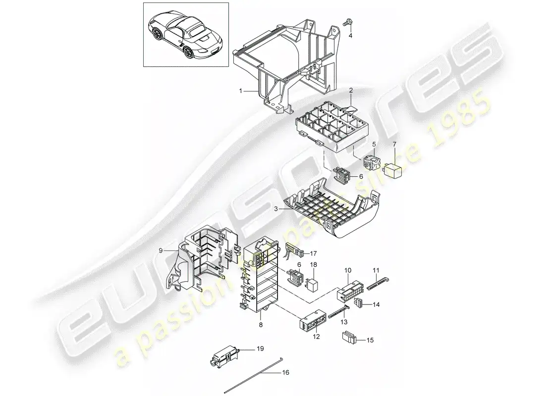 porsche 2011 (987 boxster) caja de fusibles/placa de relés diagrama de piezas