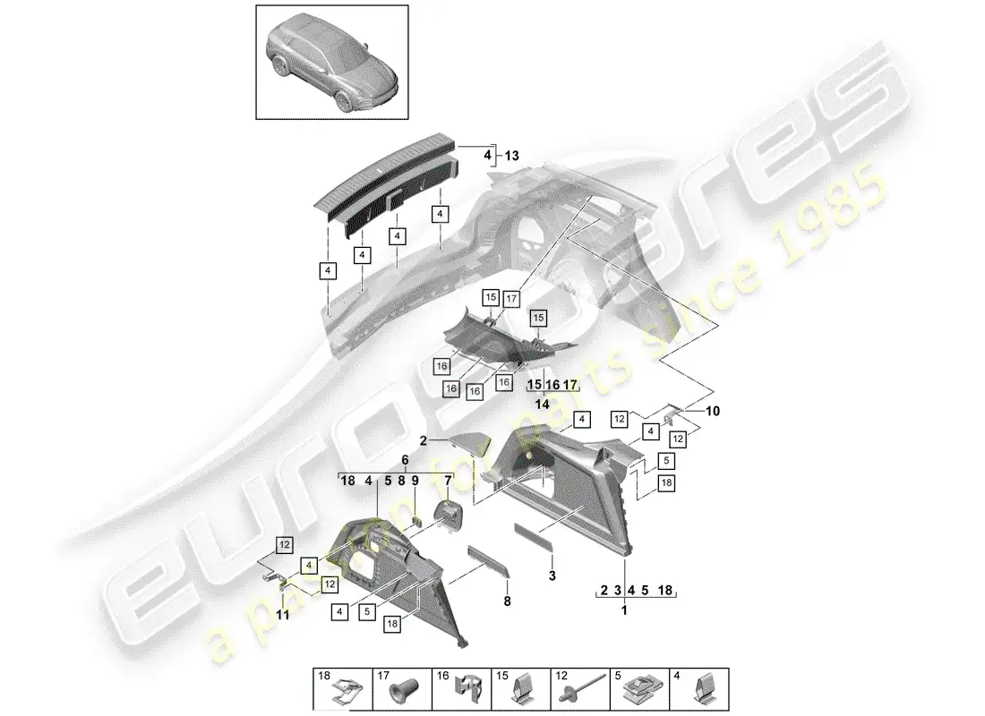 porsche 2018 (cayenne e3 9ya/9yb) forro de bota diagrama de piezas
