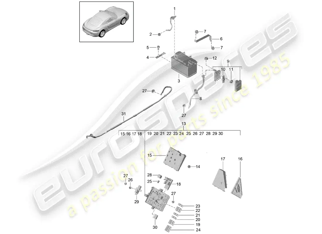porsche 2020 (718 cayman) batería diagrama de piezas