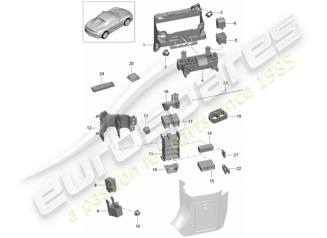 porsche 2016 (981 boxster spyder) caja de fusibles/placa de relés diagrama de piezas