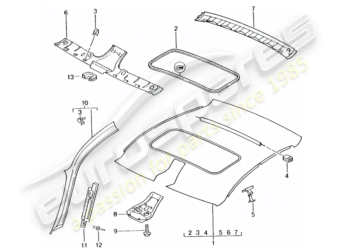 porsche 2003 (996 turbo / gt2) panel de adorno de techo diagrama de piezas