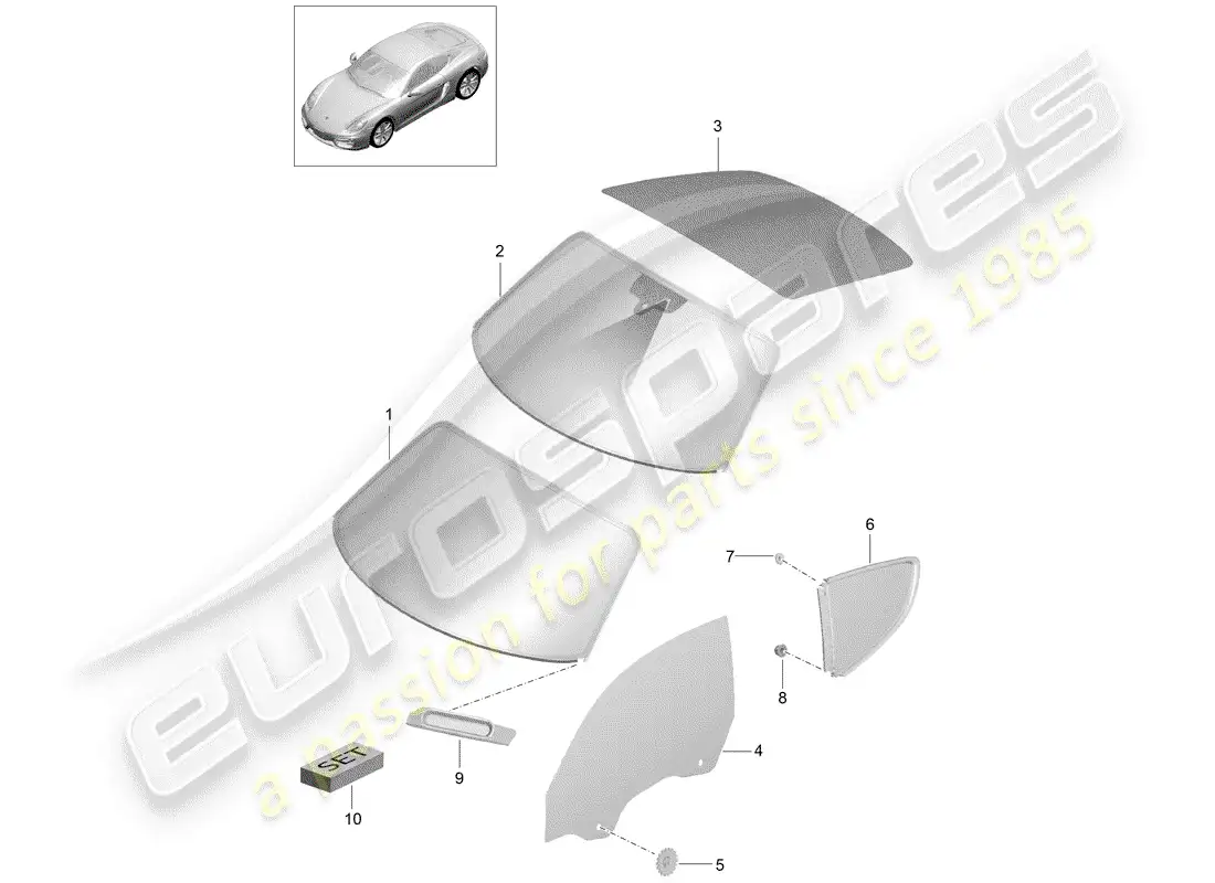 porsche 2015 (981 cayman) acristalamiento de ventanas diagrama de piezas