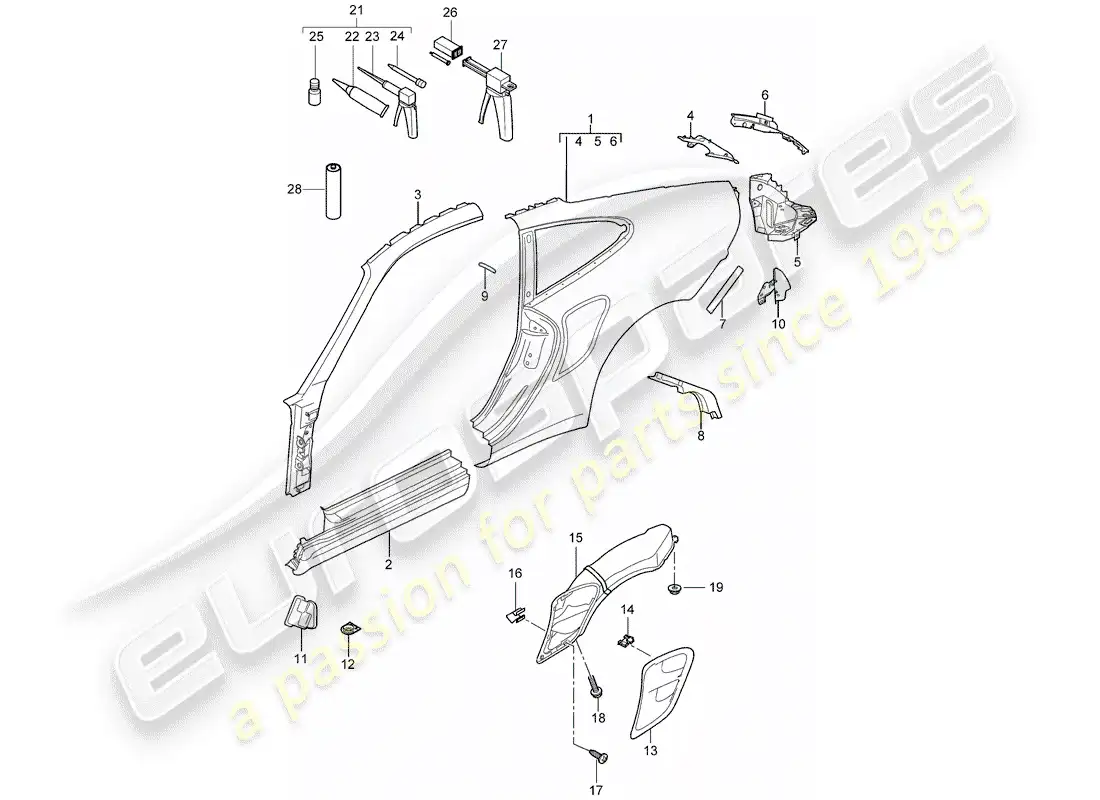 porsche 2008 (997-1 turbo / gt2) panel lateral diagrama de piezas