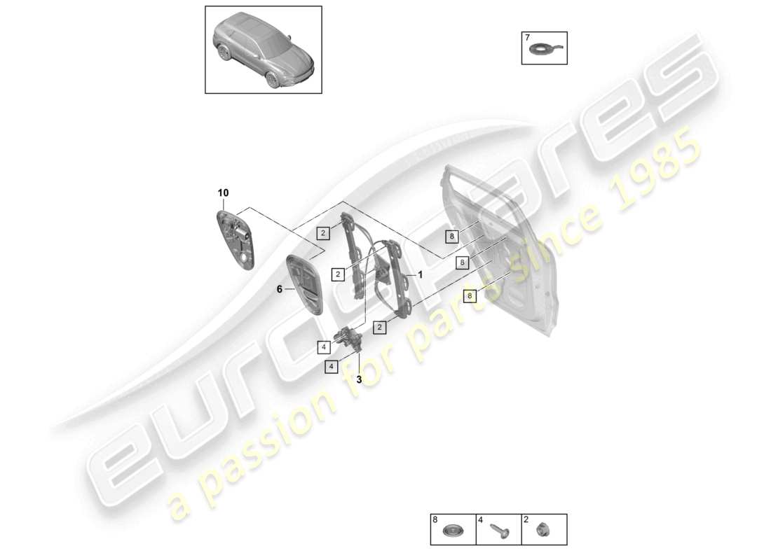 porsche 2022 (cayenne e3 9ya/9yb) diagrama de piezas del soporte del conjunto del regulador de ventana trasero