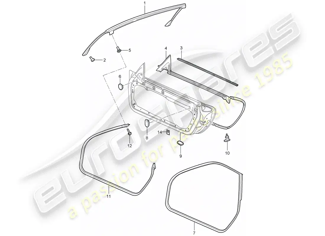 porsche 2008 (997-1 turbo / gt2) diagrama de piezas del sello de puerta