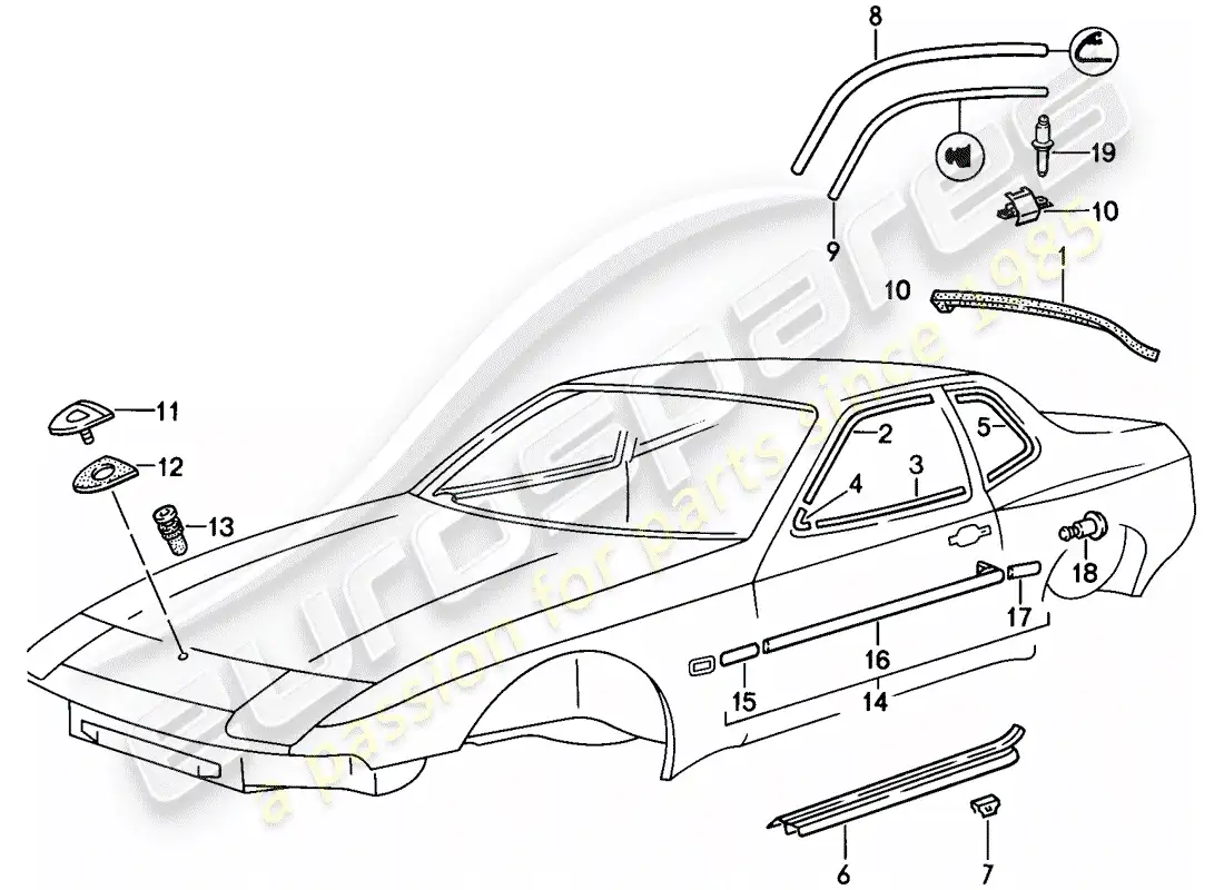 porsche 1988 (944) moldura decorativa diagrama de piezas