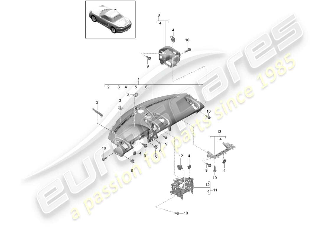 porsche 2024 (718 boxster) moldura del panel de instrumentos parte superior con: sujetadores diagrama de piezas