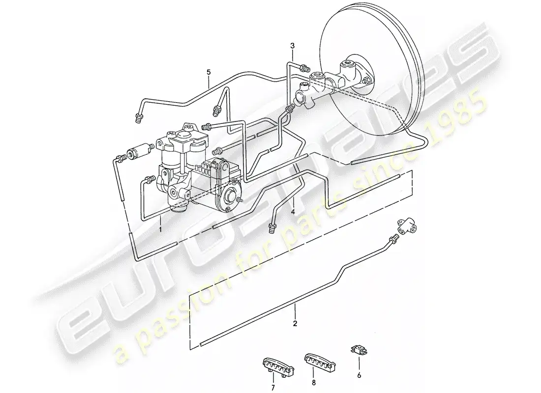 porsche 1987 (928) líneas de freno - sistema de freno antibloqueo -abs- diagrama de piezas