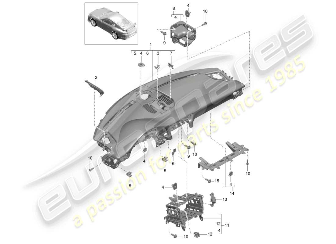 porsche 2021 (991-2 r/gt3/rs) moldura del panel de instrumentos parte superior sujetadores incluidos diagrama de piezas
