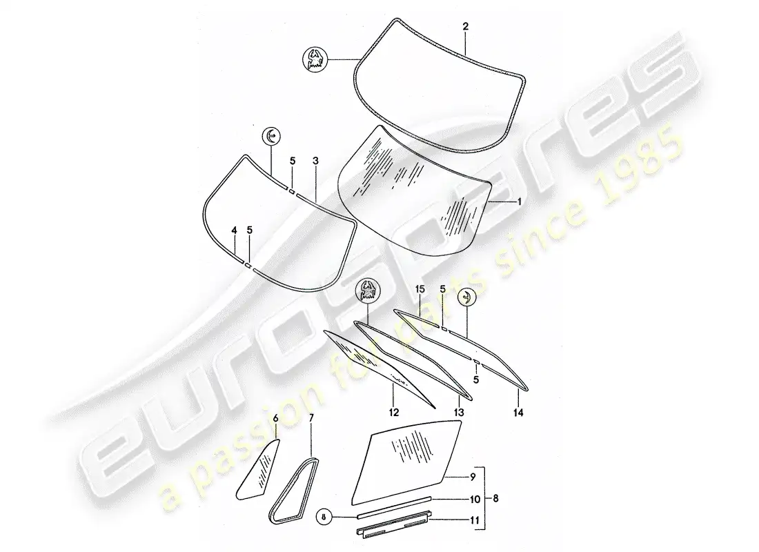 porsche 1977 (911 turbo) acristalamiento de ventanas diagrama de piezas