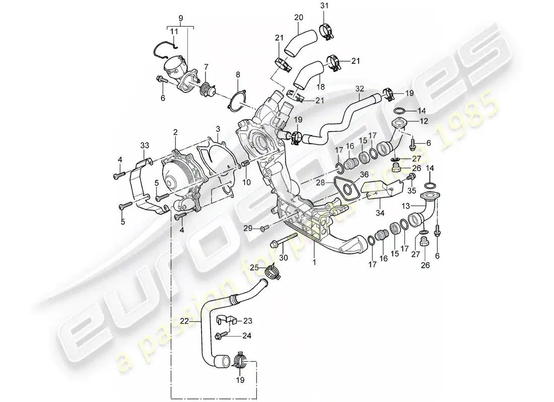 porsche 2008 (997-1 turbo / gt2) diagrama de piezas de la bomba de agua