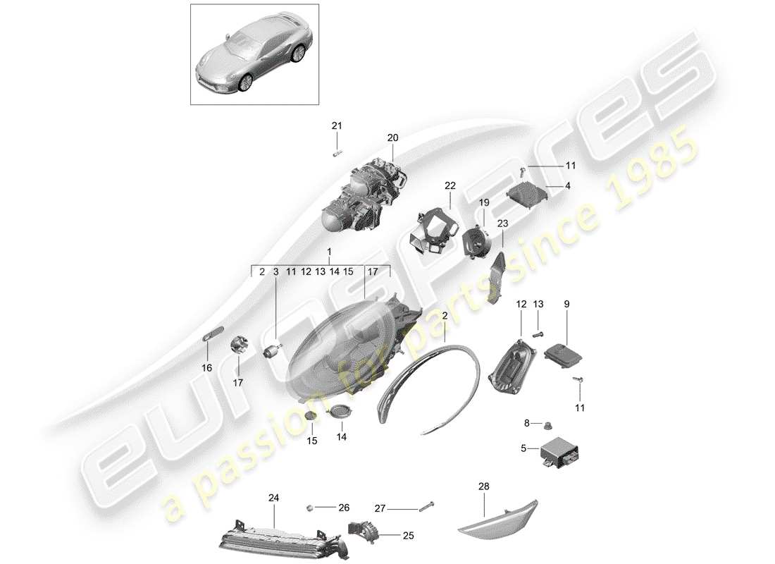 porsche 2018 (991-2 turbo) diagrama de piezas del faro