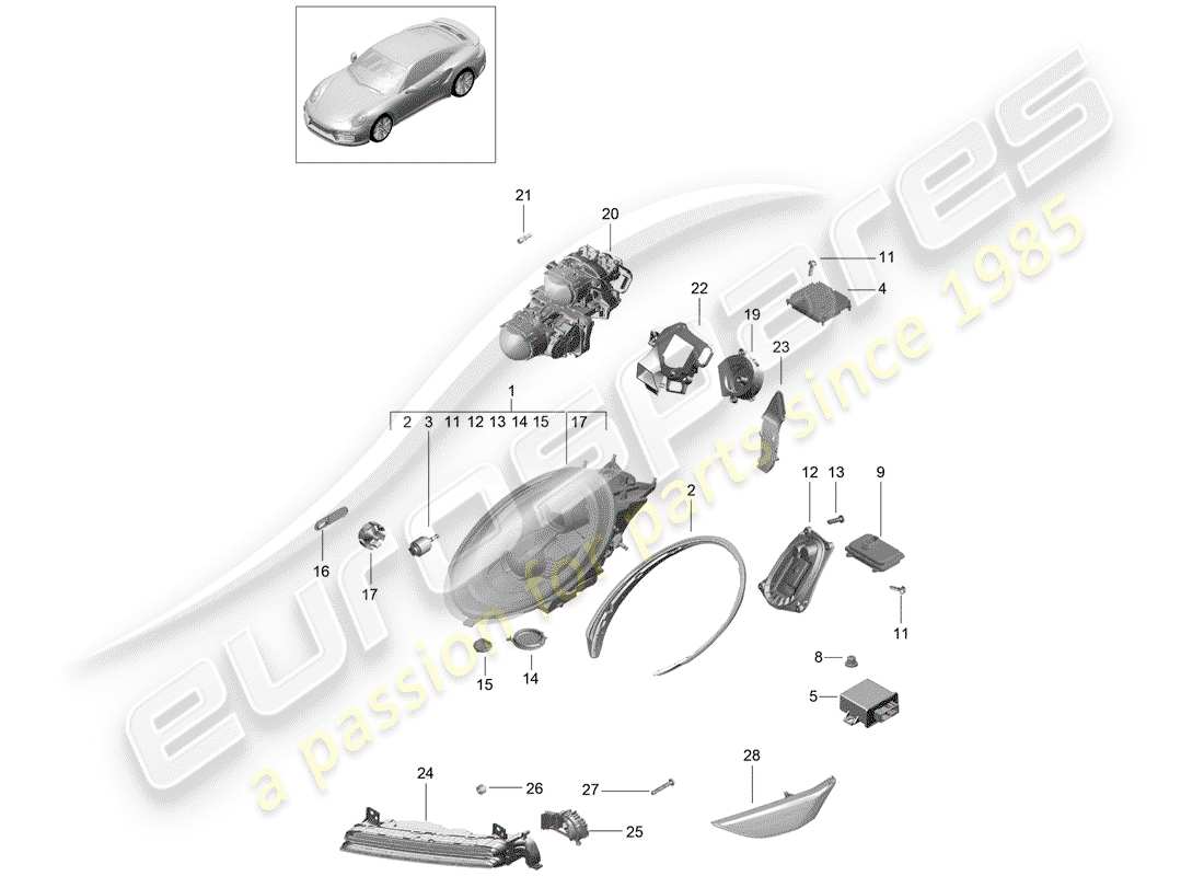 porsche 991 turbo (2018) diagrama de piezas del faro