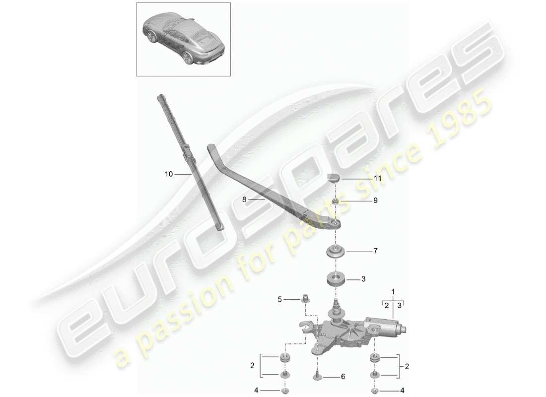 porsche 991 turbo (2018) diagrama de piezas del limpiaparabrisas trasero