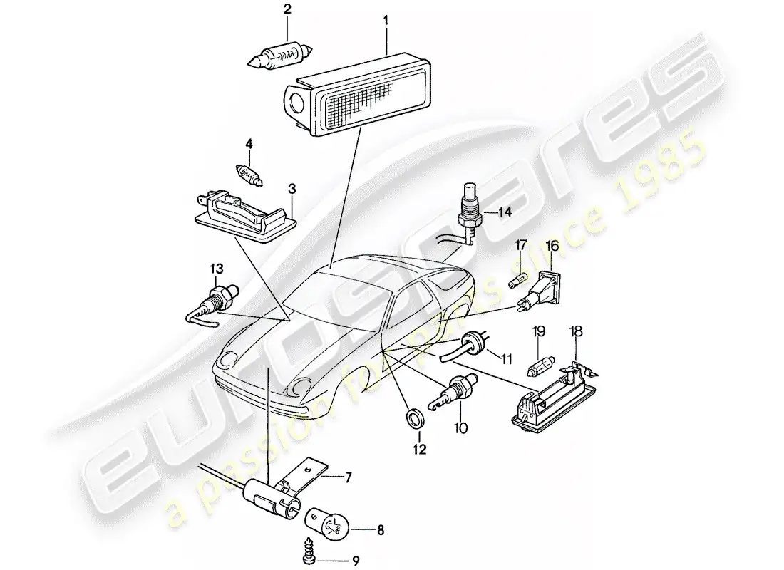 porsche 1985 (928) luces interiores diagrama de piezas