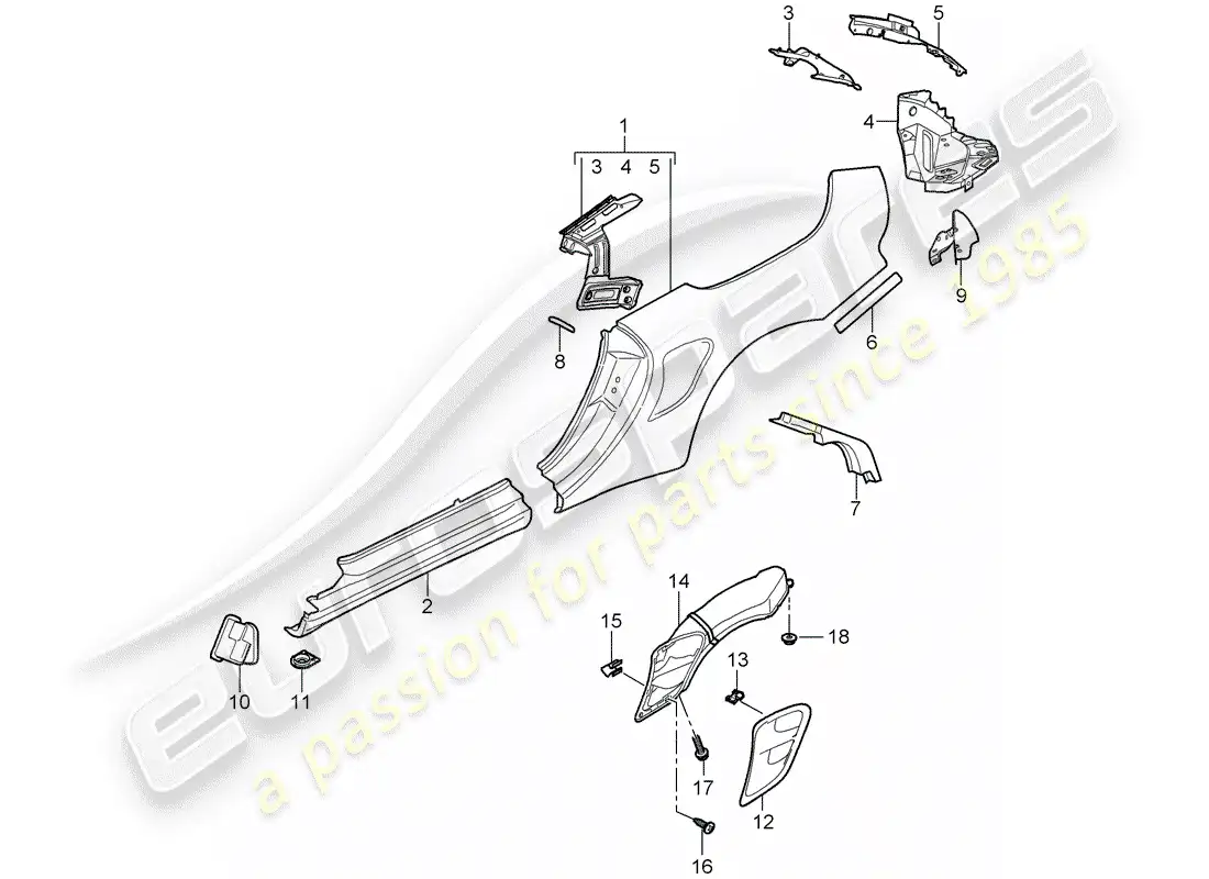 porsche 2008 (997-1 turbo / gt2) panel lateral diagrama de piezas