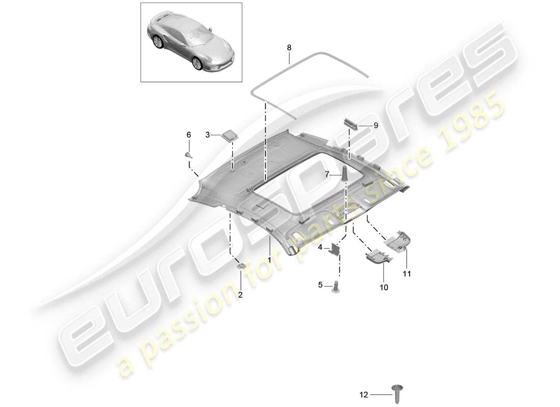 porsche 2018 (991-2 turbo) diagrama de piezas del panel de acabado del techo