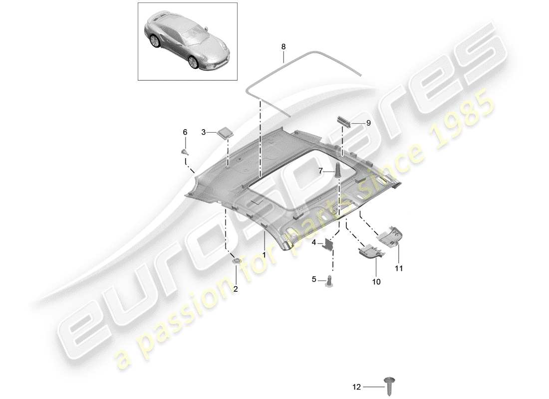 porsche 991 turbo (2018) diagrama de piezas del panel de acabado del techo