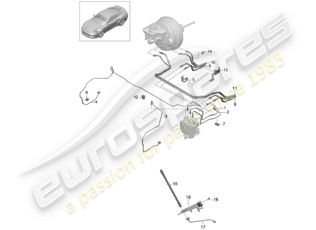 porsche 991 turbo (2018) diagrama de piezas de la línea de freno