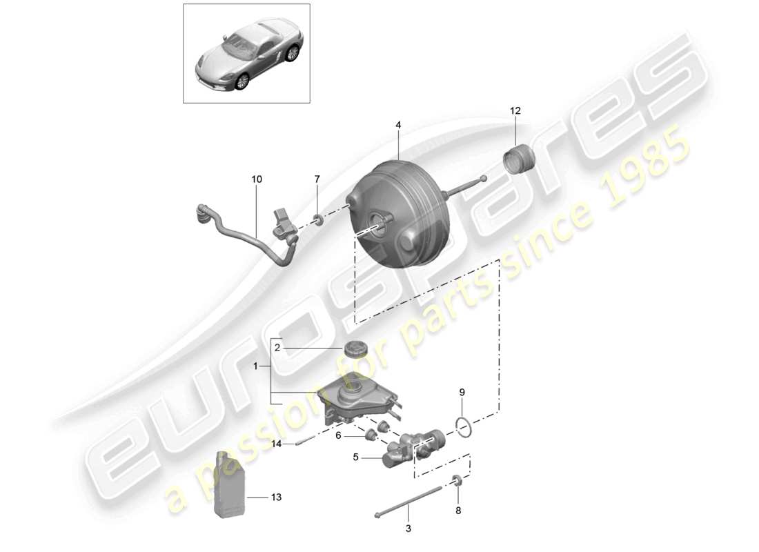 porsche 2022 (718 boxster) diagrama de piezas del servofreno y del cilindro maestro del freno