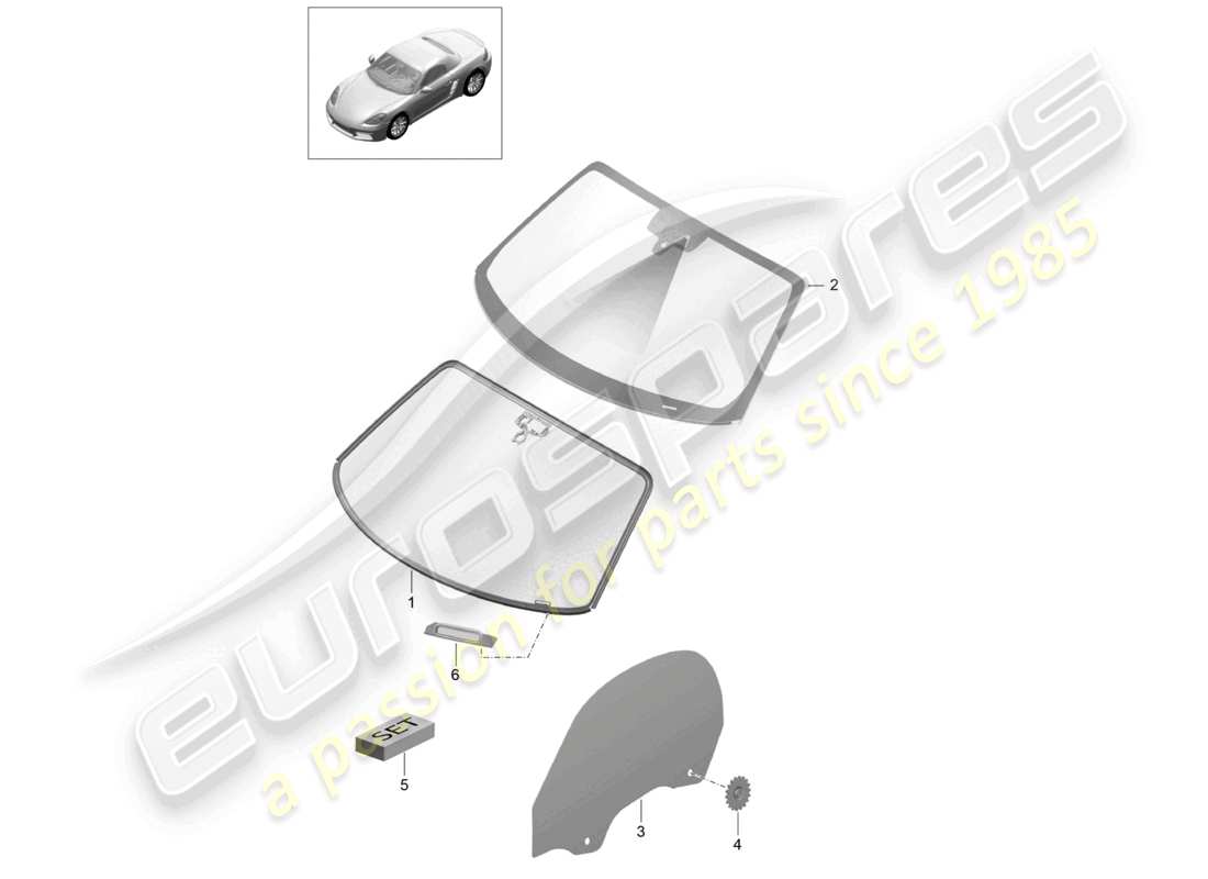 porsche 2023 (718 boxster) parabrisas ventana lateral ventana trasera diagrama de piezas