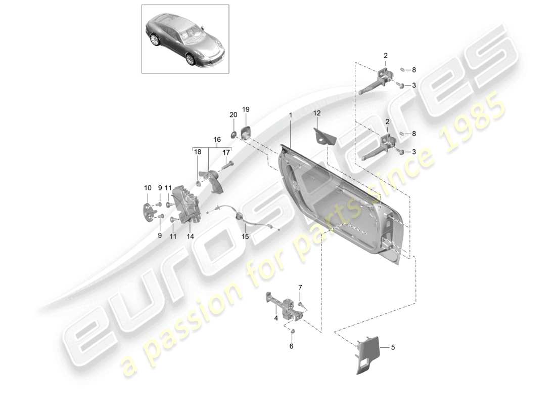 porsche 2021 (991-2 r/gt3/rs) diagrama de piezas de la cerradura de la puerta de la carcasa de la puerta
