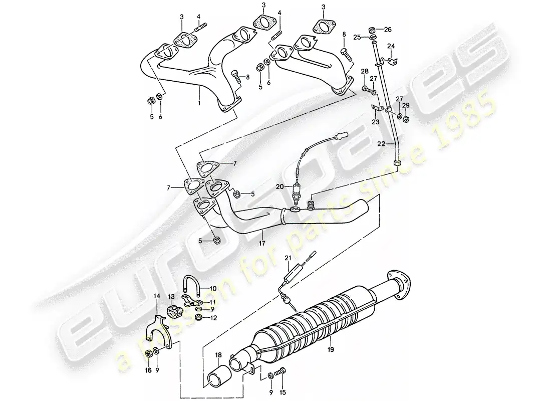 porsche 1986 (944) sistema de escape - catalizador diagrama de piezas