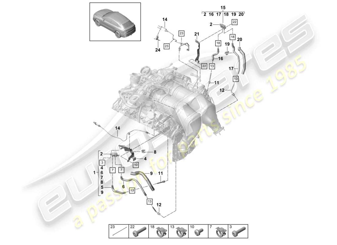 porsche 2024 (cayenne e3 9ya/9yb) línea de control para el sensor de diferencia de presión diagrama de piezas del sensor de temperatura de los gases de escape