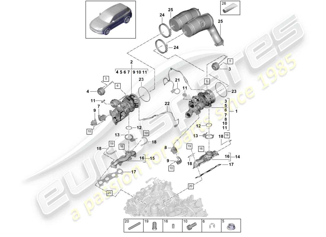 porsche 2024 (cayenne e3 9ya/9yb) turbocompresor de gases de escape colectores de escape sonda lambda diagrama de piezas