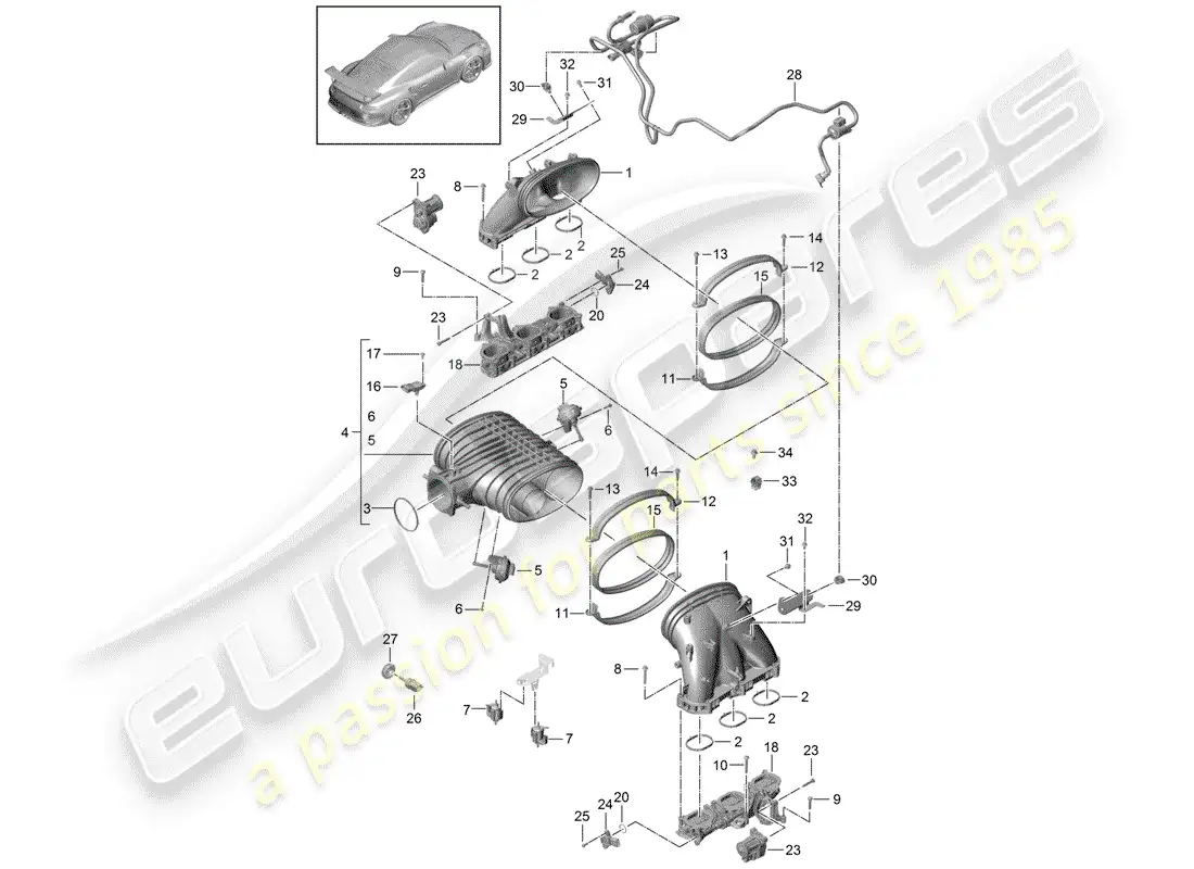 porsche 2020 (991-2 r/gt3/rs) sistema de admisión diagrama de piezas