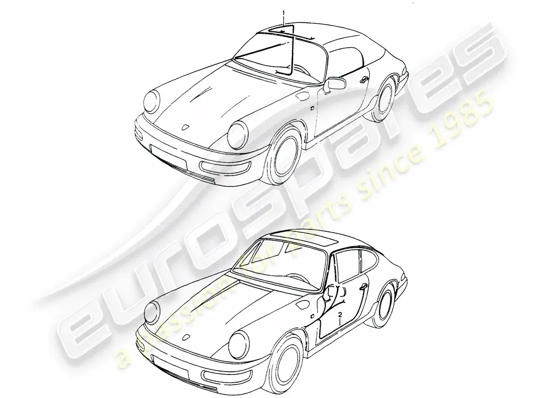 porsche 1990 (964) arneses de cableado - control de capota convertible - puerta del conductor - puerta del pasajero diagrama de piezas