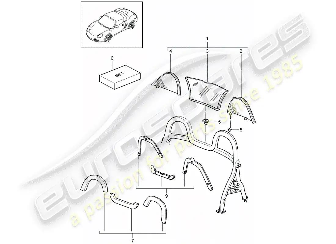 porsche 2009 (987 boxster) parabrisas diagrama de piezas