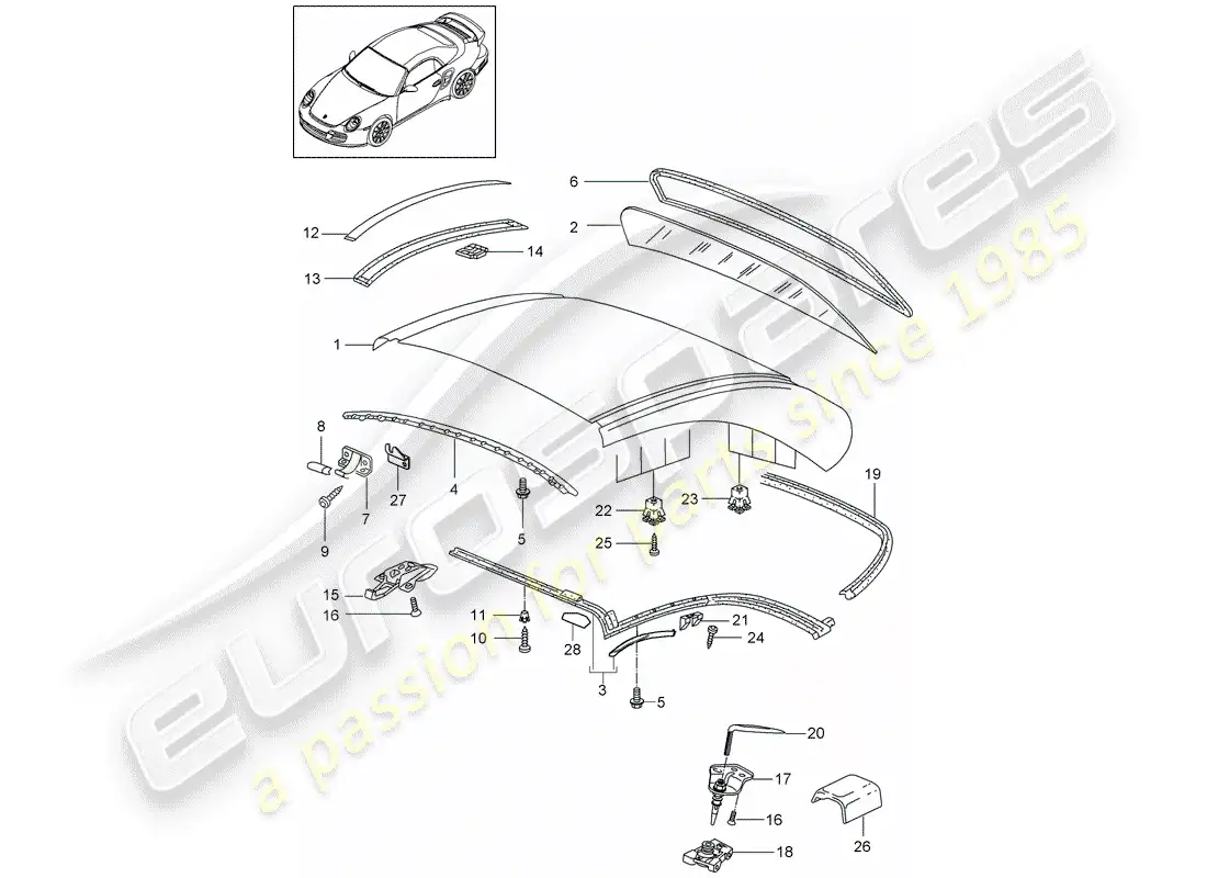 porsche 2012 (997-2 turbo / gt2 rs) techo rígido diagrama de piezas