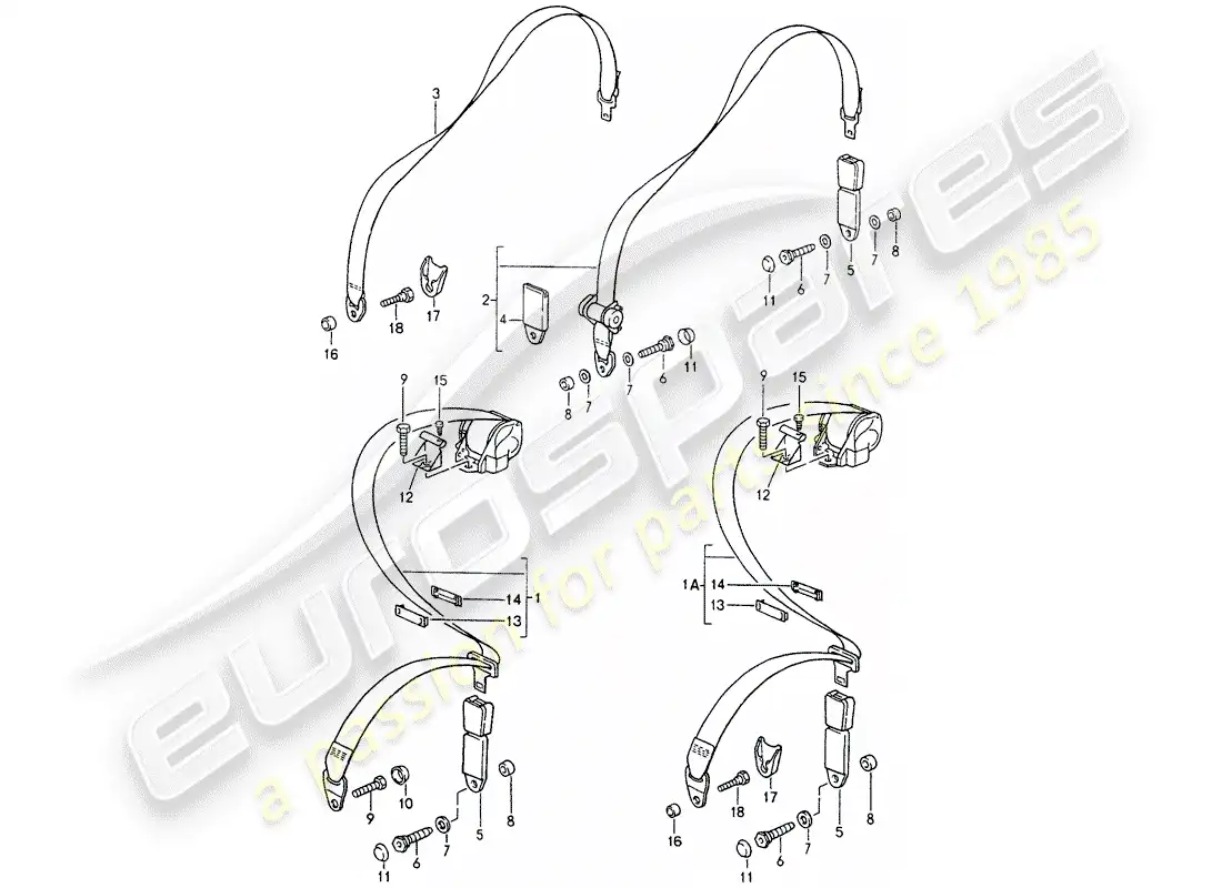 porsche 1990 (964) diagrama de piezas del cinturón de seguridad