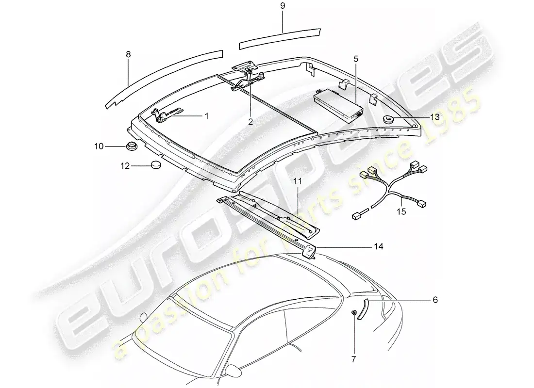 porsche 2000 (996) techo de cristal - accionamiento eléctrico diagrama de piezas