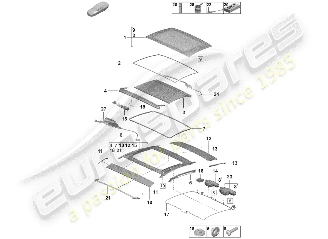 porsche 2019 (992-1) quemacocos de cristal diagrama de piezas