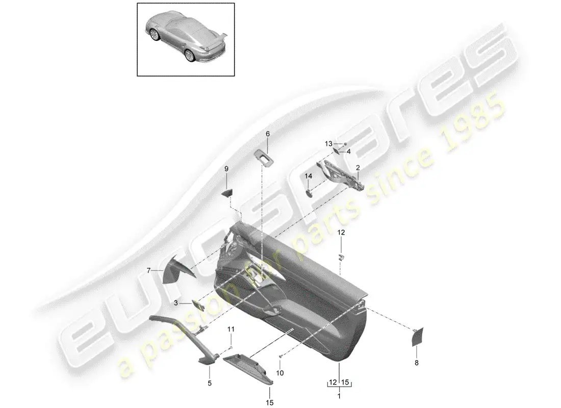 porsche 2014 (991-1 r/gt3/rs) panel de la puerta diagrama de piezas