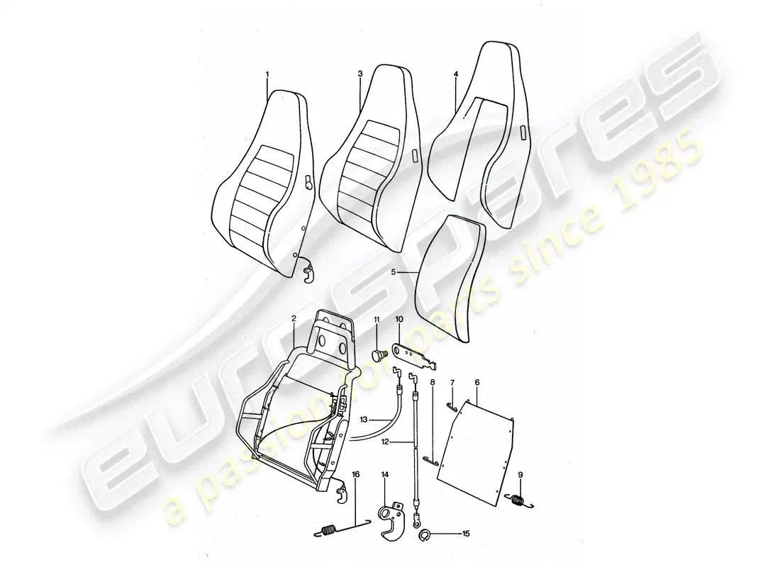 porsche 1975 (911 turbo) asiento deportivo - respaldo - piezas individuales diagrama de piezas