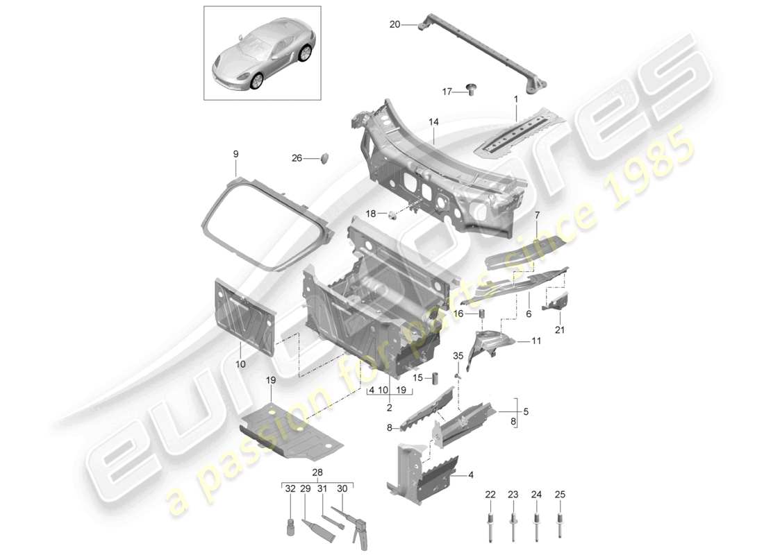 porsche 2023 (718 cayman) parte delantera partes individuales diagrama de piezas