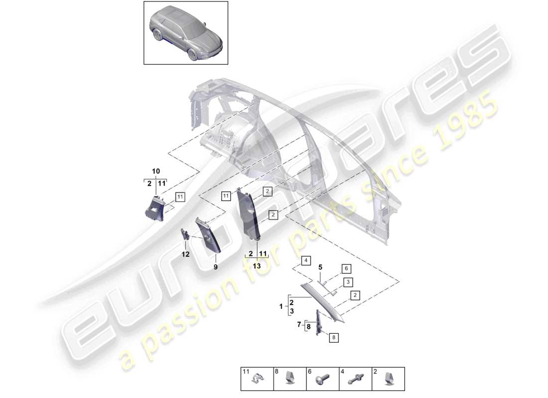 porsche 2023 (cayenne e3 9ya/9yb) diagrama de piezas del elemento de deformación y moldura del pilar a superior del pilar b del pilar c