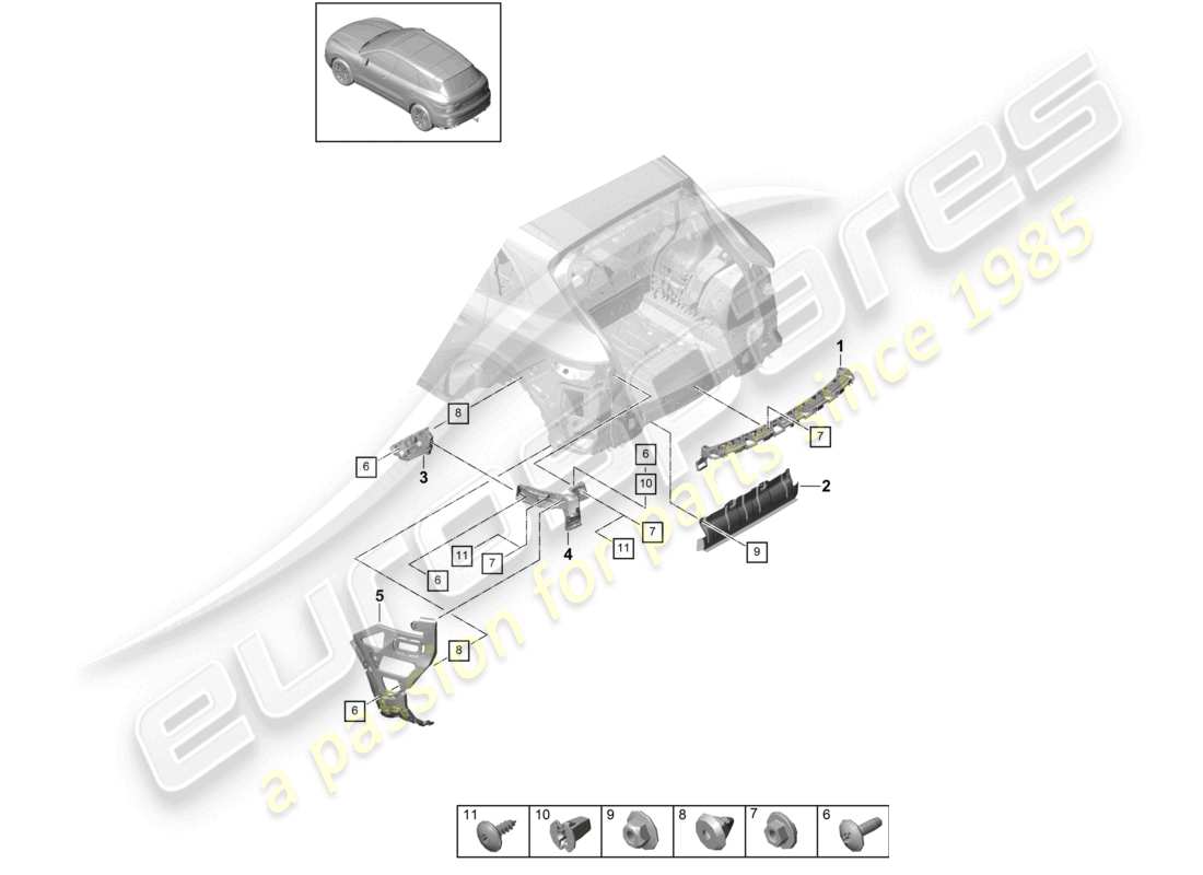 porsche 2023 (cayenne e3 9ya/9yb) diagrama de piezas básicas de los sujetadores del parachoques trasero