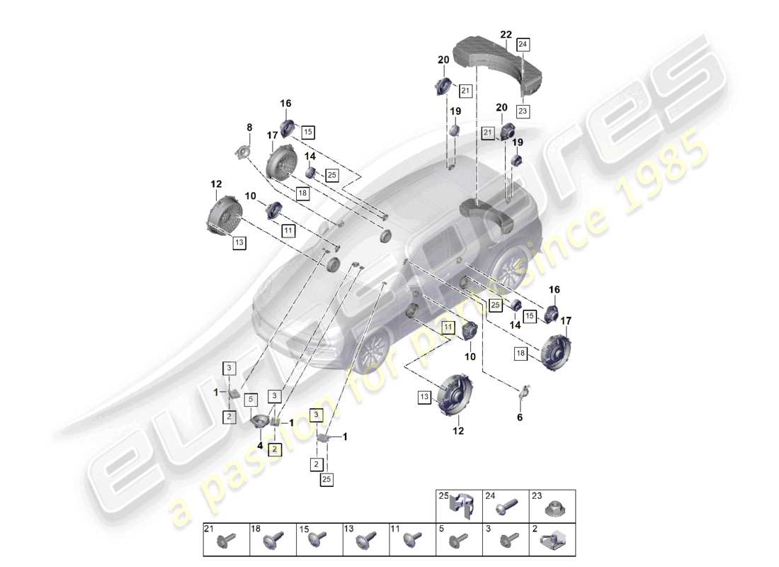 porsche 2022 (cayenne e3 9ya/9yb) altoparlante diagrama de piezas